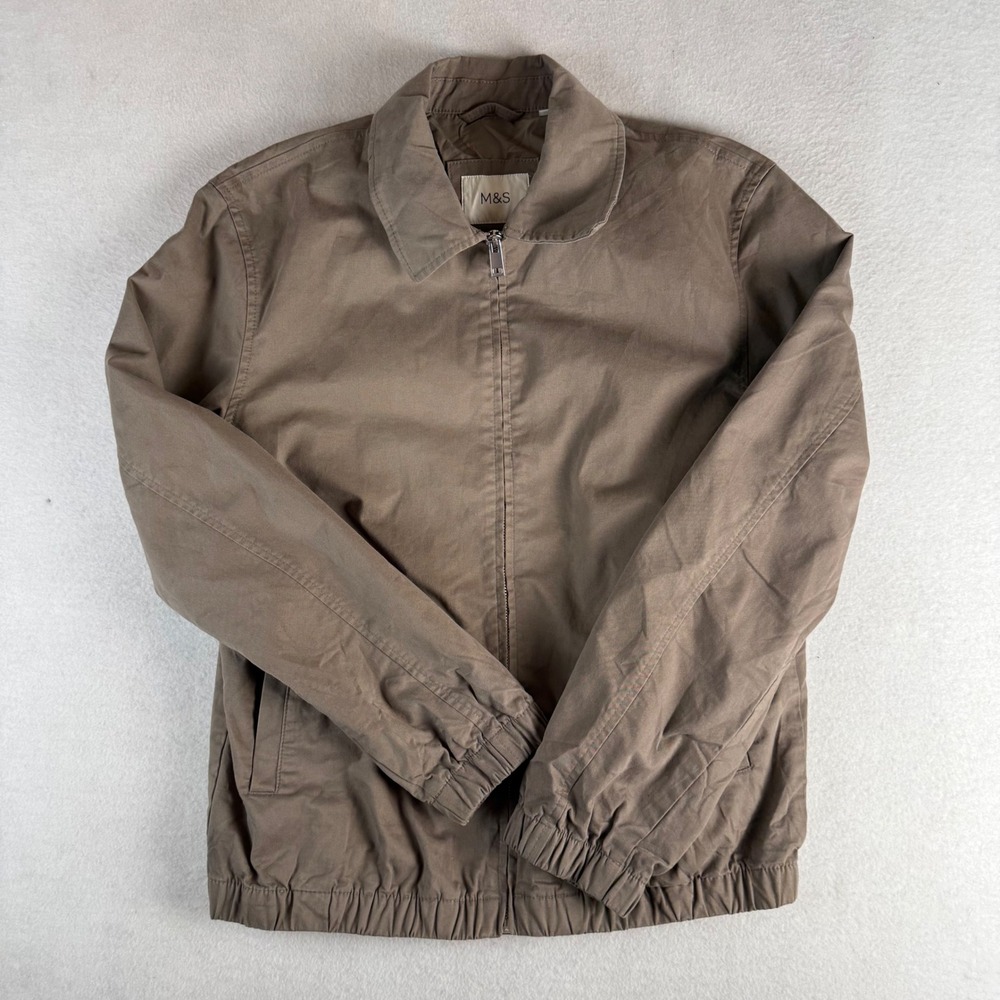 M&S Mens Harrington Jacket Taupe Brown Full Zip Regular Fit Size Medium